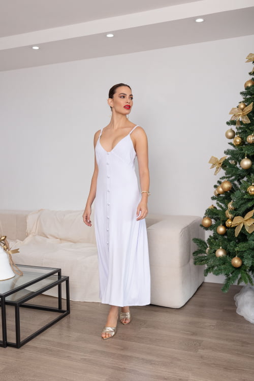 Vestido Kyara  de Alças com Botão em Malha Vicenza Branco