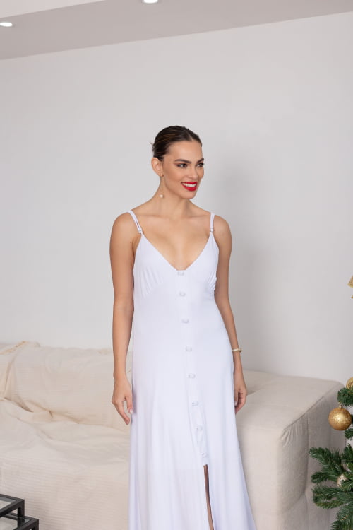 Vestido Kyara  de Alças com Botão em Malha Vicenza Branco