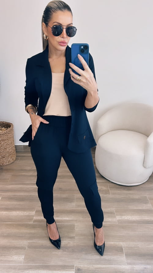 Conjunto de 3 peças Mariana blazer e calça cargo Preto