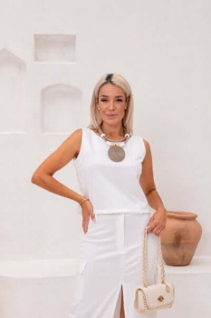 Conjunto de saia midi em ponto Roma Ivete Branco