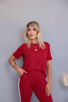 Conjunto com 3 Listras e Calça Flaire Adriana Vermelho Queimado