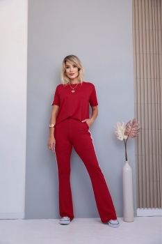 Conjunto com 3 Listras e Calça Flaire Adriana Vermelho Queimado